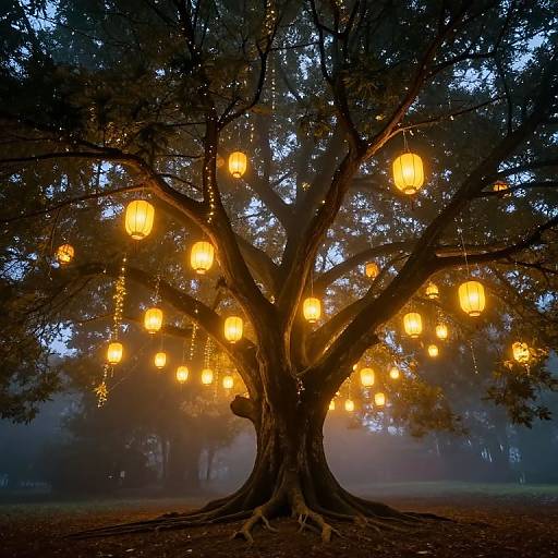 Photograph of a large tree at night, illuminated by numerous glowing orange paper lanterns hanging from its branches, surrounded by mist.