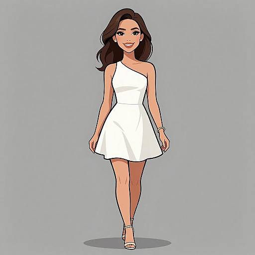Digital illustration of a smiling woman with long brown hair, wearing a white one-shoulder dress and white heels, standing against a light gray background.