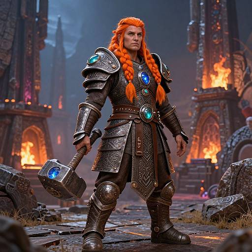 Digital art of a muscular, orange-haired warrior in silver armor with glowing blue accents, holding a blue-encrusted hammer, standing in a fiery