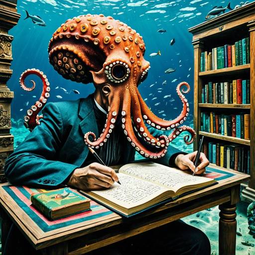Surreal Octopus Poet in Underwater Library