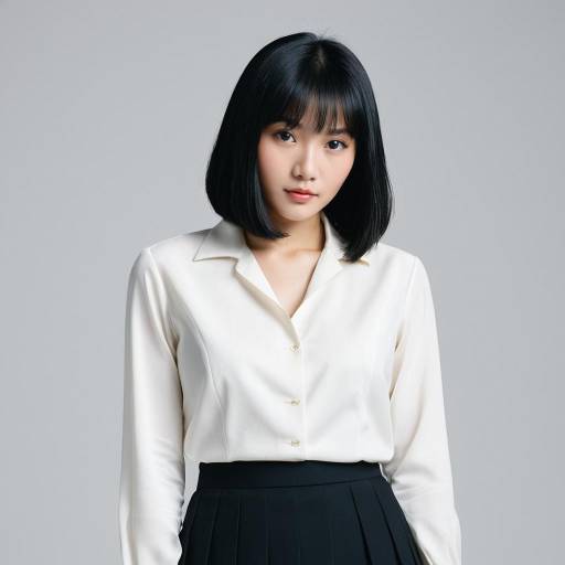 Young Asian Woman in White Blouse and Black Skirt