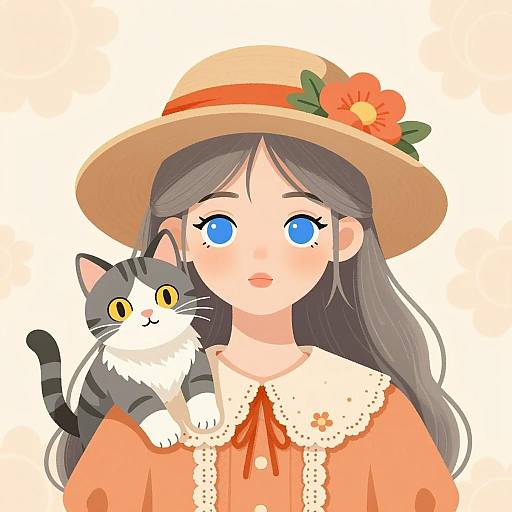 Young Girl with Cat in Floral Hat