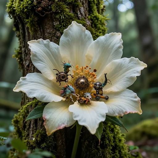 Photograph of a white flower with six small insects on its petals, surrounded by moss-covered tree trunk in a forest.