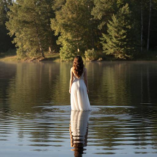 Woman in White Gown by Lake
