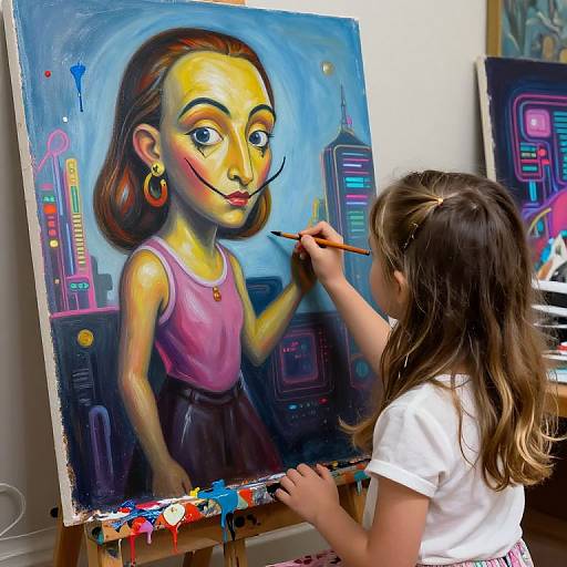 Photograph of a young girl painting a vibrant, stylized portrait of a girl in a pink top and earrings, with cityscape background.