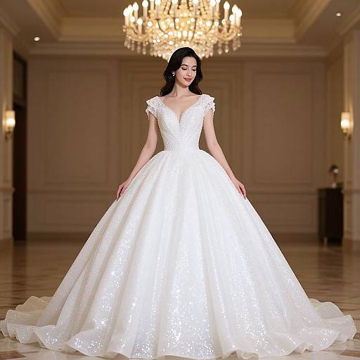 Photograph of a beautiful woman with long black hair wearing a sparkling white, lace-embellished, full-skirted wedding gown, standing in