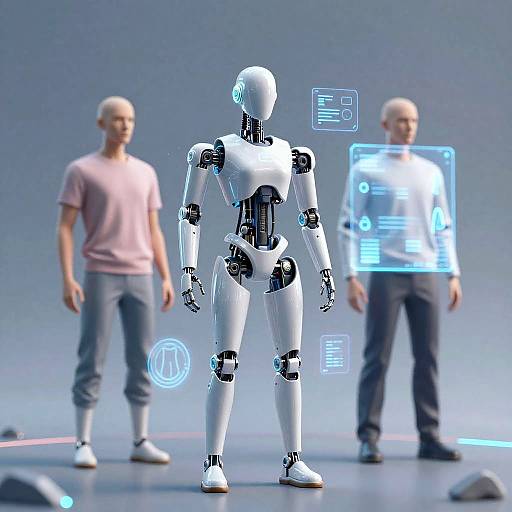 Photorealistic CGI: Two bald men in casual clothes stand behind a white humanoid robot with glowing blue interface screens. Blue gradient background.