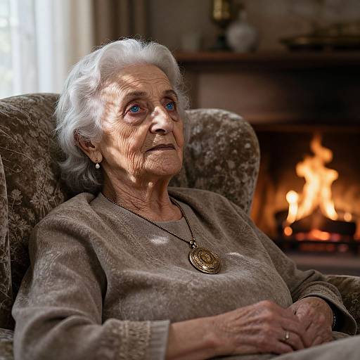 Photograph of an elderly woman with white hair, wearing a gray sweater and gold pendant, sitting by a lit fireplace.