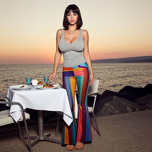 Photorealistic digital image of a woman with black bob haircut, gray tank top, colorful pants, standing by seaside table at sunset.