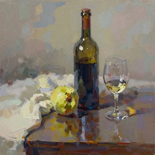 Impressionist-style painting of a brown wine bottle, yellow flower, and half-full glass of white wine on a wooden table.
