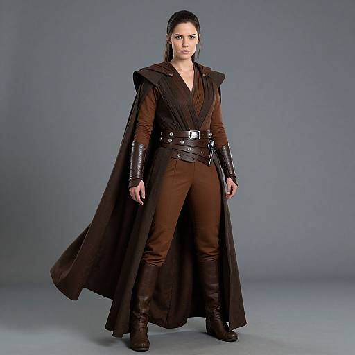 Photograph of a stern-faced woman in a dark brown, long-sleeved, V-neck outfit with a flowing cape, leather arm bracers,