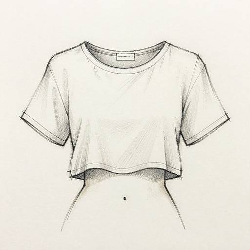 Black-and-white sketch of a cropped, short-sleeved T-shirt with a round neckline, slightly raised hem, and simple design.