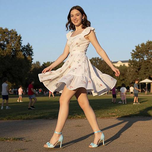 Photograph of a smiling young woman with fair skin, black hair, wearing a white floral dress and turquoise high heels, twirling in a sunlit