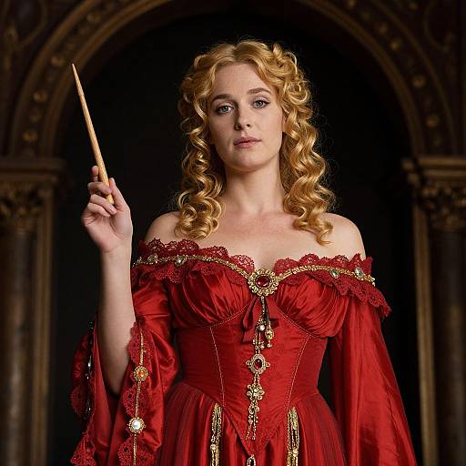 Photograph of a blonde woman with curly hair, wearing a red off-shoulder lace dress, holding a wooden pointer stick, set against a dark