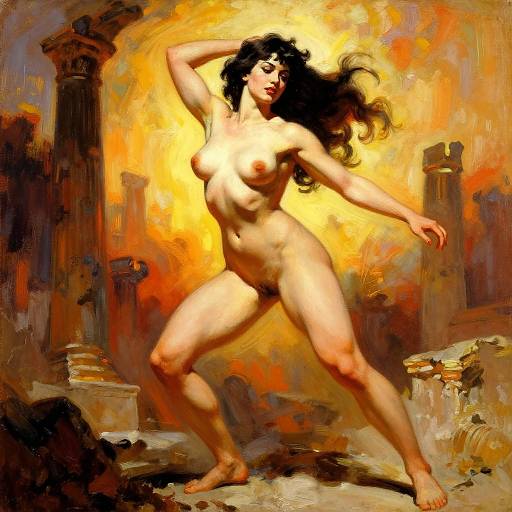 Digital painting of a nude, curvy woman with long black hair, pale skin, and medium-sized breasts, dancing in a fiery, ruins-filled background