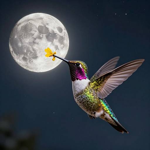 Photograph of a vibrant hummingbird with iridescent green, purple, and white feathers, hovering near a bright full moon in a dark, star