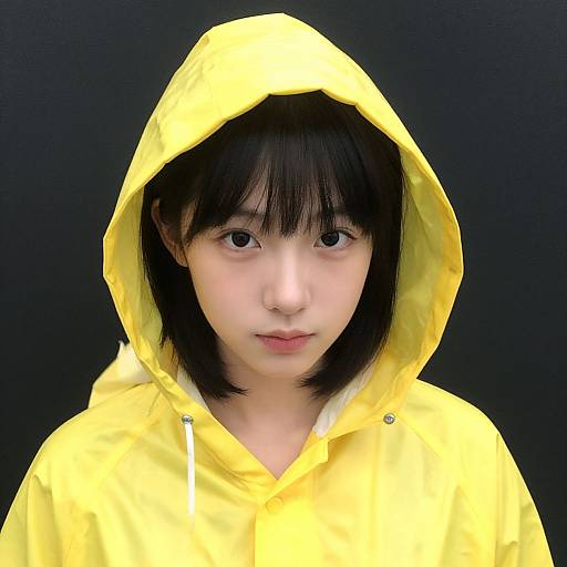 Photograph of an Asian woman with straight black hair, wearing a bright yellow hooded raincoat, set against a solid black background.