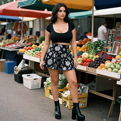 Photograph of a Latina woman with dark hair, wearing a black crop top, black floral skirt, and black ankle boots, standing in a colorful outdoor