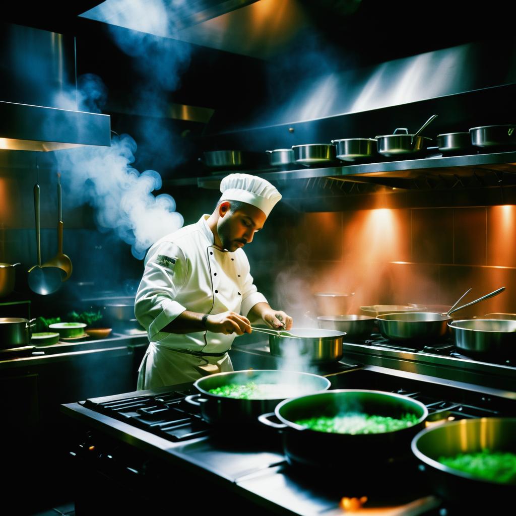 Intense Chef in Chiaroscuro Kitchen Scene