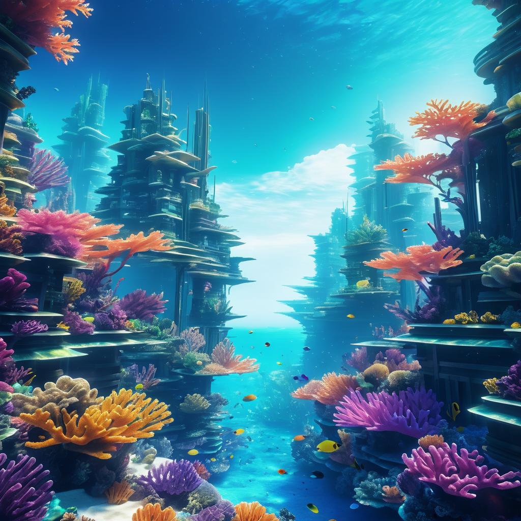 Surreal Underwater Cityscape with Coral Reefs