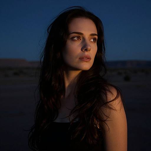Photograph of a woman with long, wet, dark hair illuminated by twilight, gazing to the side, against a dark, blue evening sky.