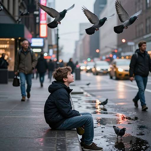 Photograph of a young man in a black jacket sitting on a wet city sidewalk, watching five pigeons fly overhead, with blurred pedestrians and bright city