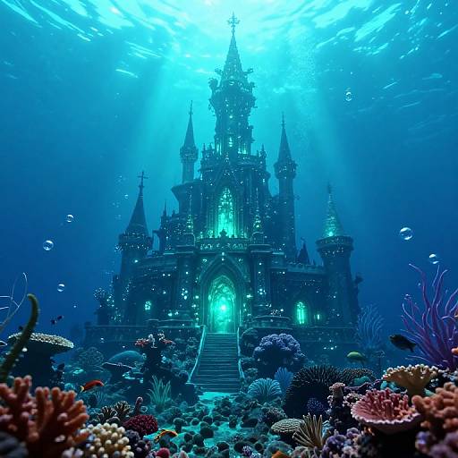 Underwater digital illustration of a glowing, Gothic-style castle with blue-green lights, surrounded by colorful coral reefs and small fish, bathed in sunlight from