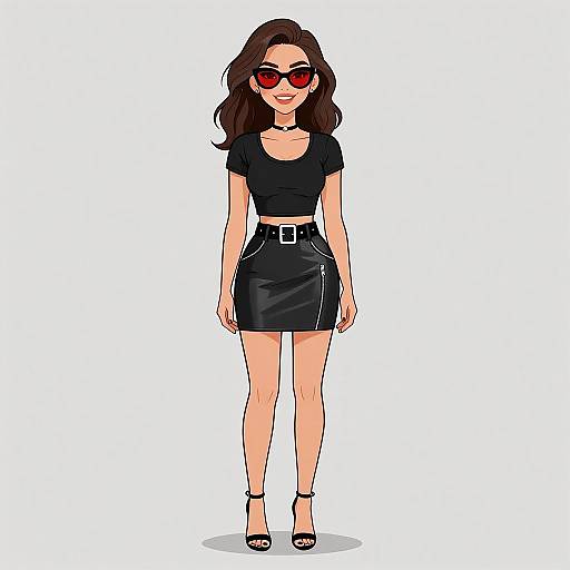 Digital illustration of a smiling woman with dark brown hair, red sunglasses, black crop top, high-waisted leather skirt, belt, and black heels