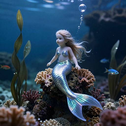 Photograph of a silver mermaid doll with long blonde hair, shimmering tail, and small bubbles, surrounded by colorful coral and seaweed underwater,