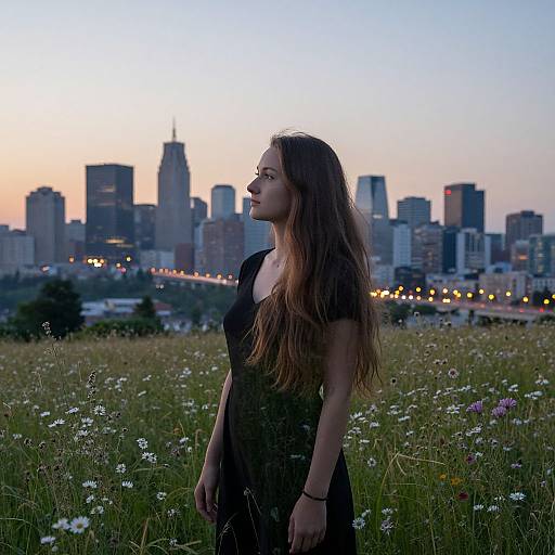 Photograph of a young woman with long brown hair in a black dress, standing in a wildflower field at sunset, with a city skyline and lit