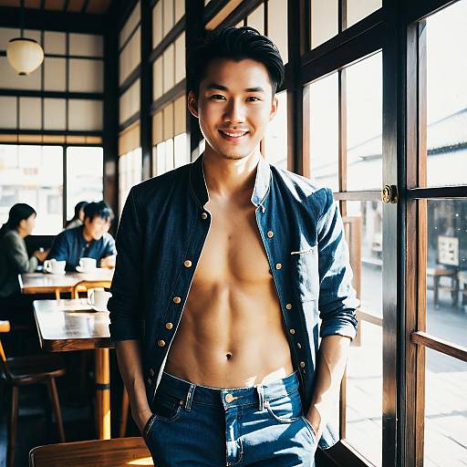 Smiling Young Asian Man in Denim Inside Cafe