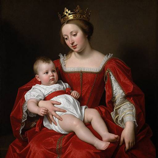 Renaissance-style painting of a fair-skinned queen with brown hair, gold crown, red velvet gown, holding a fair-skinned baby in white