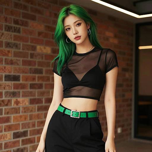 Photograph of a young woman with green hair, wearing a black sheer crop top, black high-waisted pants, green belt, and large hoop