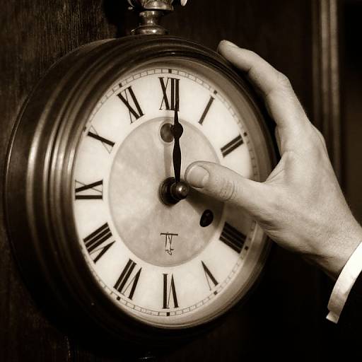 Sepia-toned photograph of a hand setting an antique, round clock with Roman numerals, black hands, and a dark wooden background.
