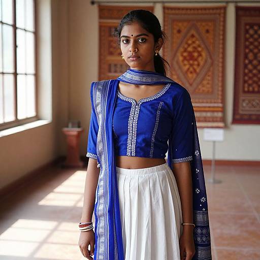 Photograph of a young Indian woman with dark skin and black hair, wearing a blue embroidered top and white skirt, standing in a sunlit room with