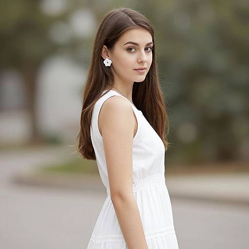 Photograph of a young woman with long brown hair, wearing a white sleeveless dress and white earrings, standing outdoors with a blurred green and gray background