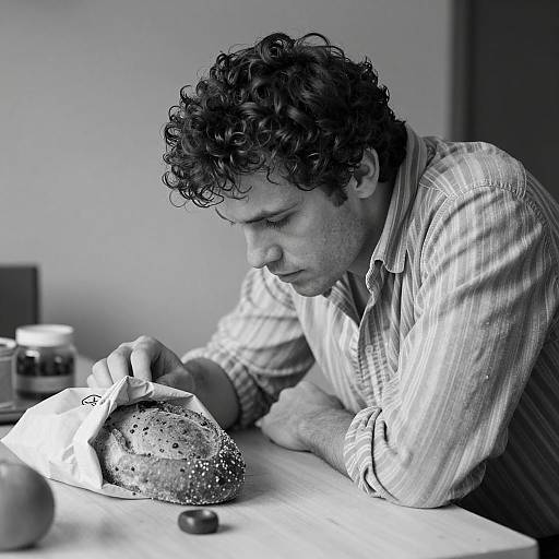Intense Gaze: Curly Haired Man Seated