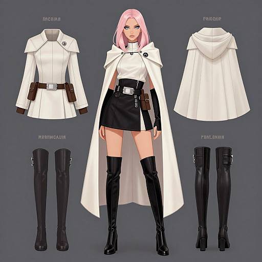 Digital illustration of a pink-haired anime woman in a white coat, black skirt, and knee-high boots, displaying front, back, and side views.