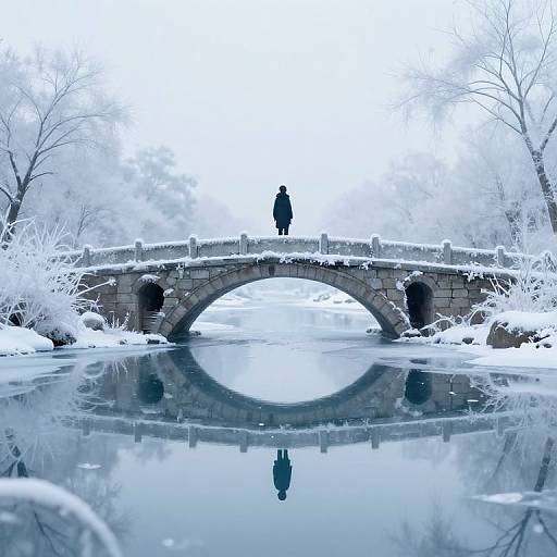 Photograph of a solitary figure in a dark coat standing on a snow-covered stone bridge, reflected in a frozen river, surrounded by snow-laden trees