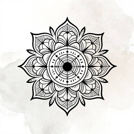 Black and white intricate mandala drawing featuring a detailed floral design with symmetrical patterns, dots, and lines, centered on a white background.