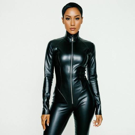 Confident woman in black leather catsuit