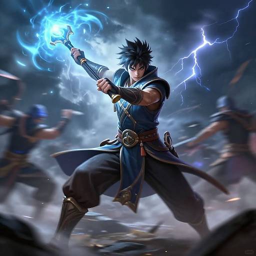 Digital artwork of a muscular, blue-haired warrior with spiky hair, wielding a glowing blue energy orb, surrounded by lightning, wearing a blue and brown
