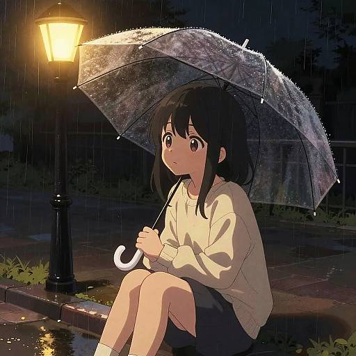 Anime Girl Sitting Under Streetlamp in Rain