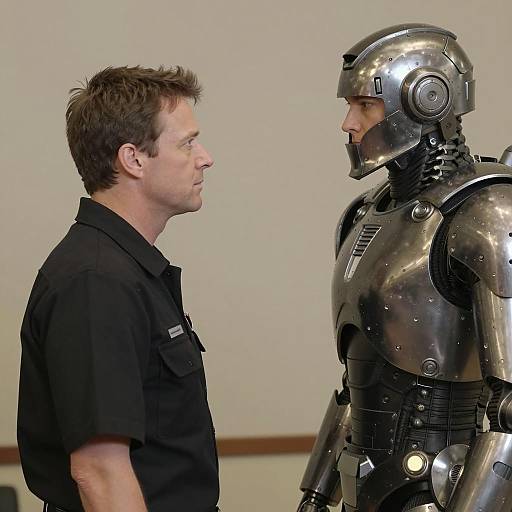Man in Black Uniform vs. Robotic Figure