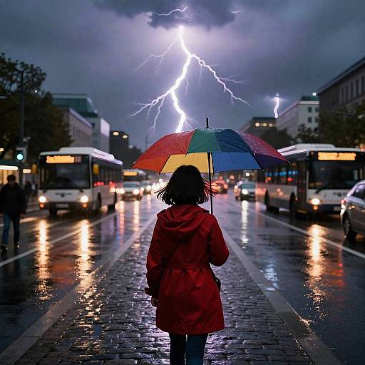 Photograph of a child in a red raincoat holding a rainbow umbrella, facing a thunderstorm with lightning over a wet, reflective street.