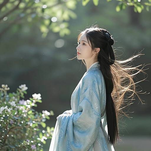 Realistic Hanfu Girl in Forest Light