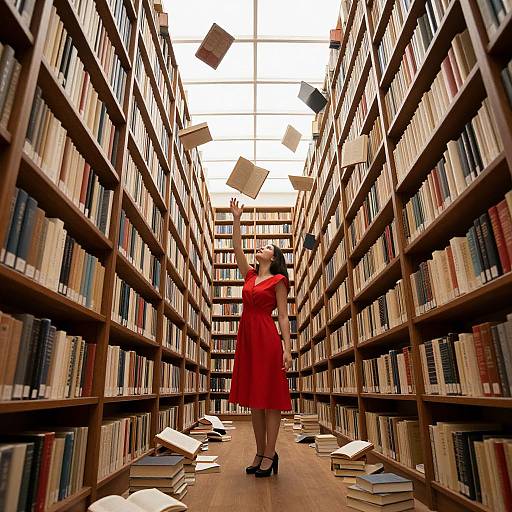 Photograph of a woman in a red dress and black heels, standing in a library aisle with books and papers falling from above. Tall wooden booksh