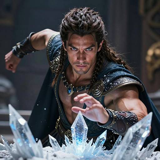Photorealistic CGI of a muscular, dark-haired man with intense blue eyes, wearing a black, ornate cloak, reaching towards glowing, icy crystals