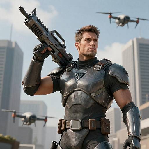 Futuristic Soldier with Drones in Urban Setting