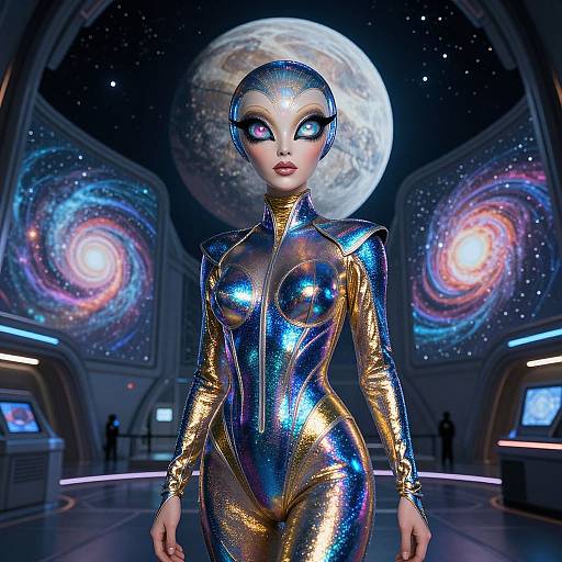 Digital CGI of an alien woman with metallic blue and gold bodysuit, large white eyes, in a futuristic spaceship with galaxy holograms.